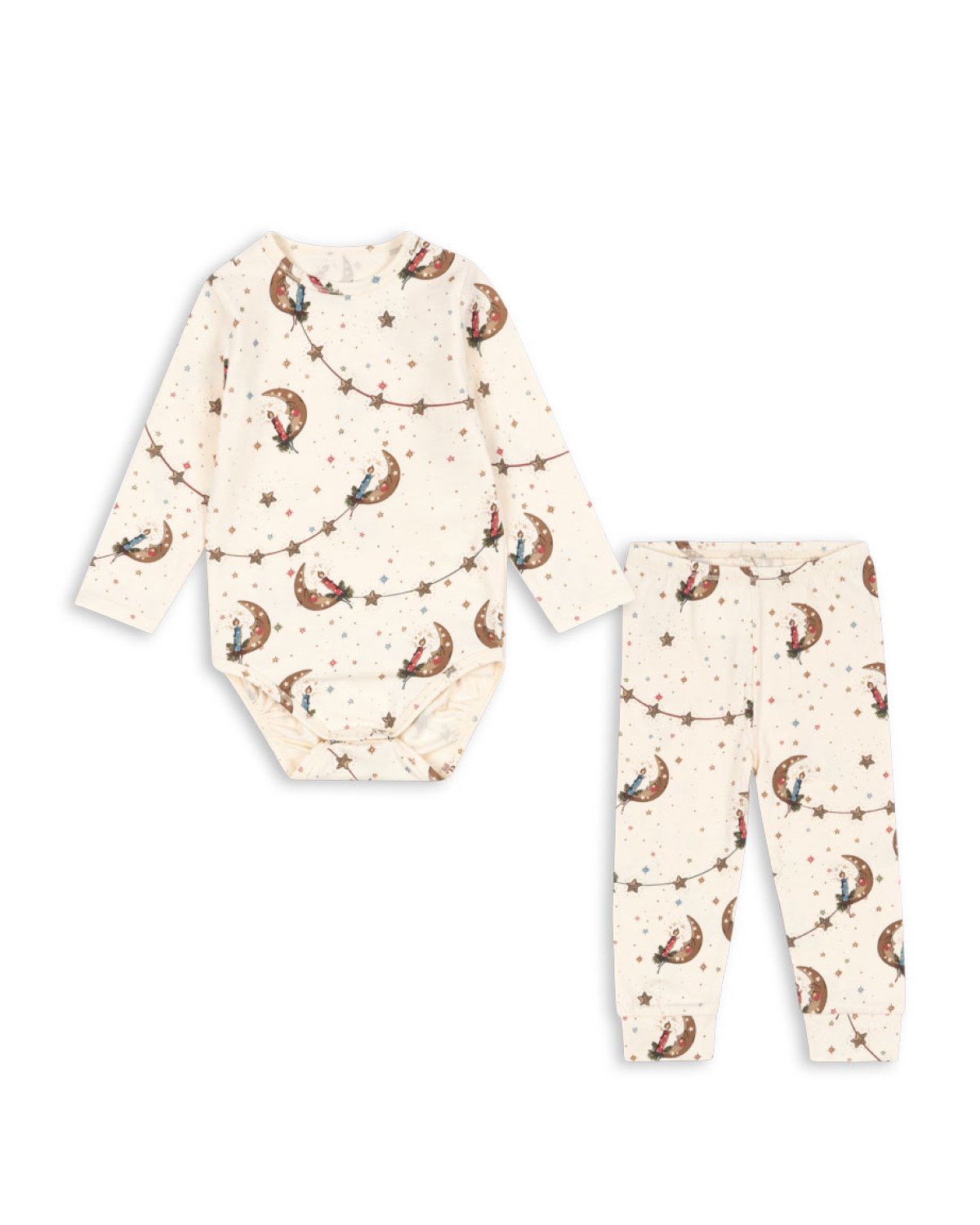 Pysjamas Baby – Body og Bukse – Øko Bomull | Julepysj Basic Body/Pants Set, Kremhvit m/ Mønster - Luna
