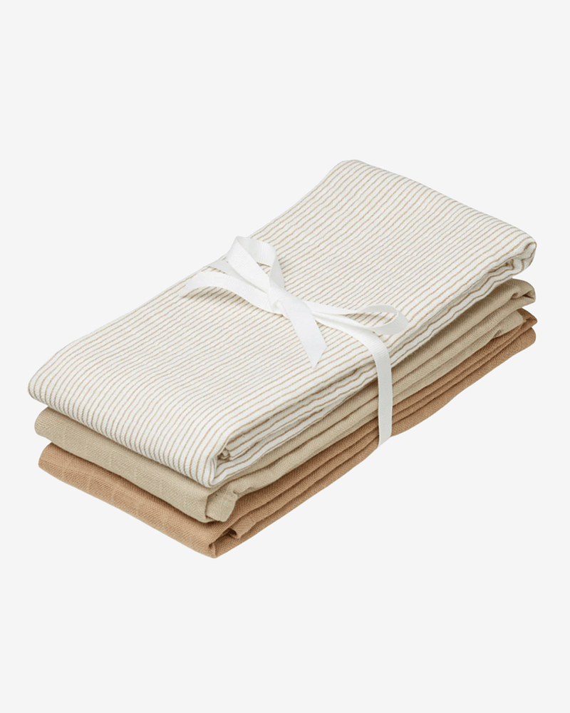 Gulpekluter Musselin 3pk - Økologisk | Gasskluter 70x70, Beige Mix - Stripes Camel, Latte
