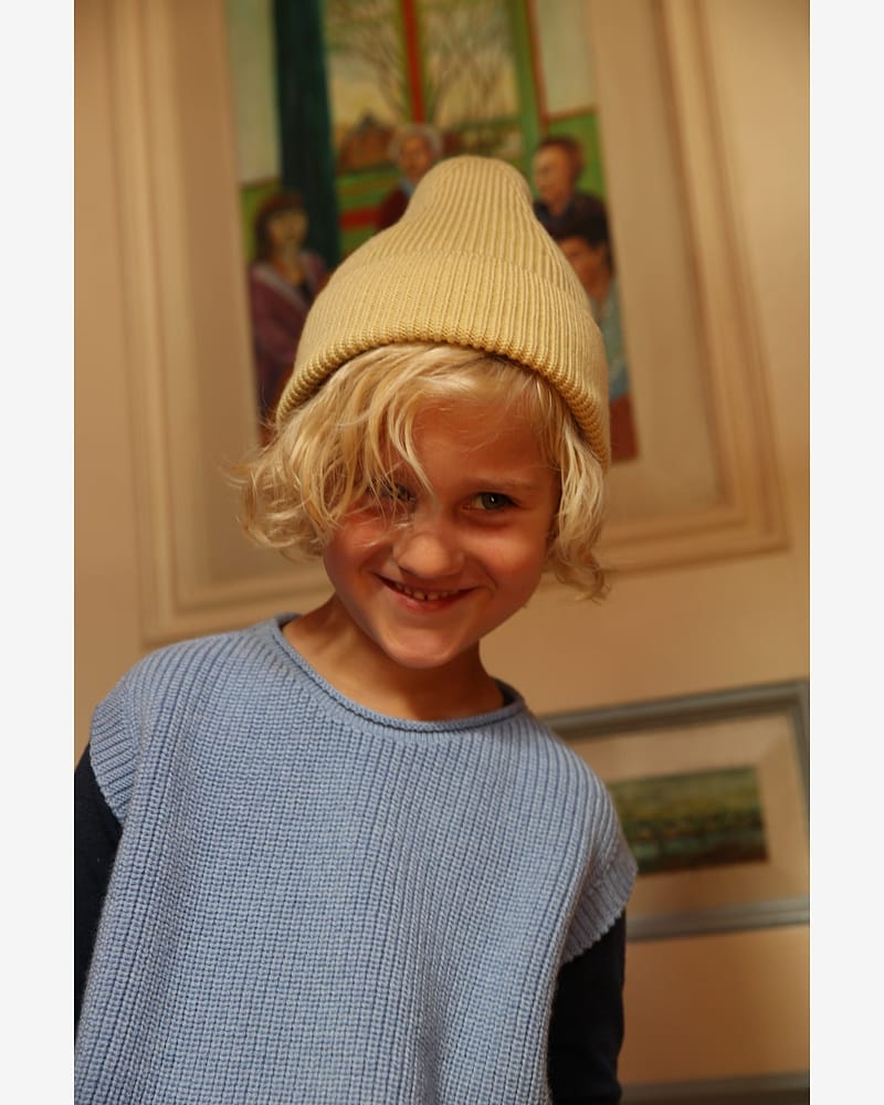 Ull Beanie barn - 100% Merino, Ubehandlet - Rib Lue Fonzie