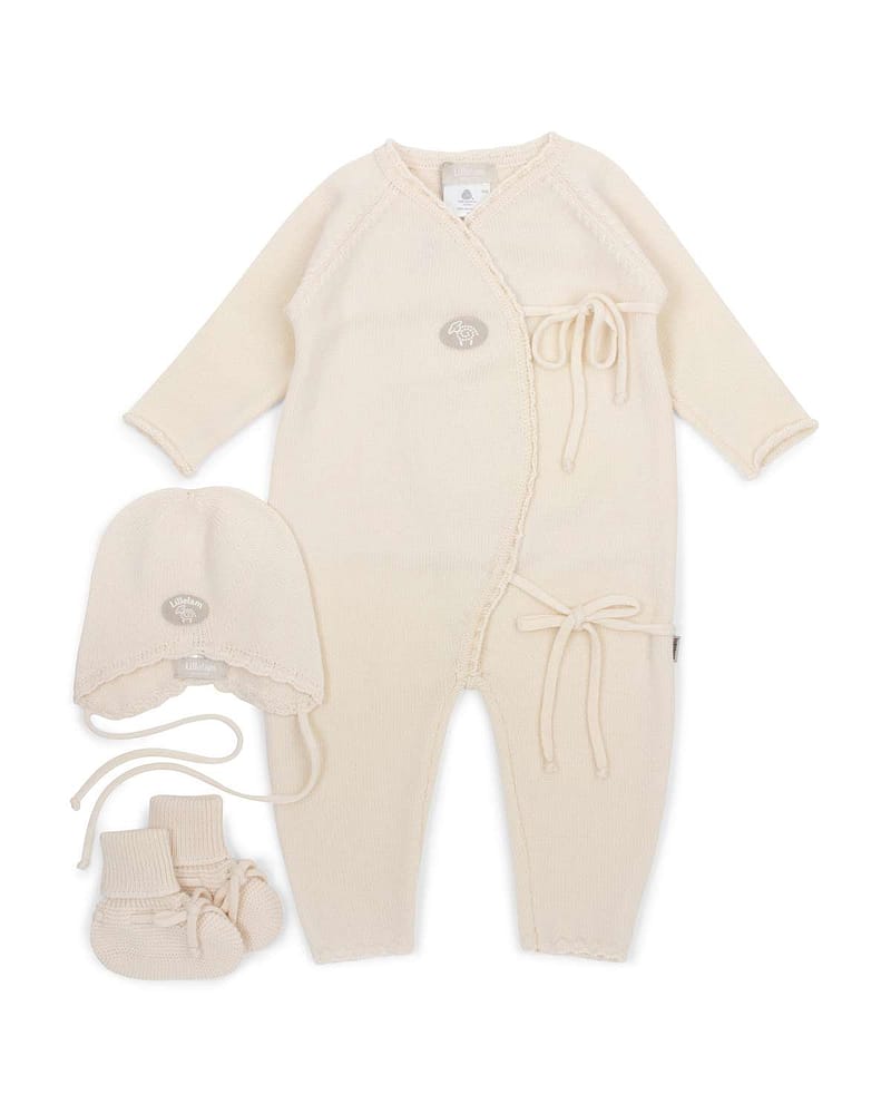 Hentesett Baby 3pk - Ulldress, babylue og ulltøfler - 100% Merino