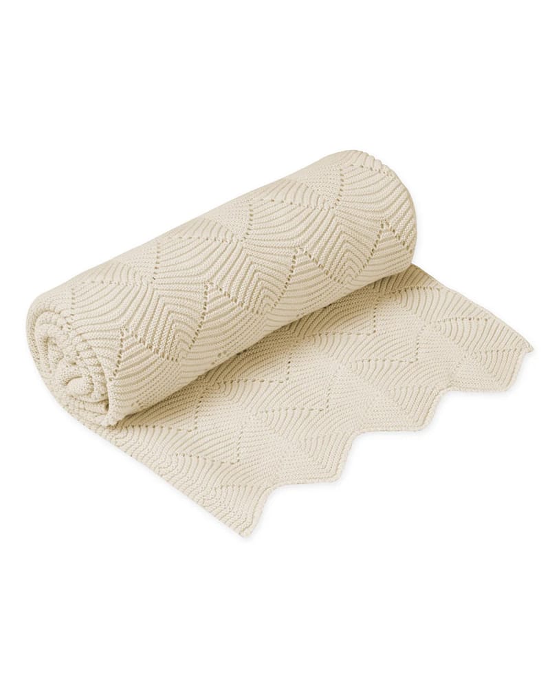 Babyteppe - 80x100 - Strikket Øko Bomull | Scallop Knit Blanket, Cream, Cream, Cream, Cream, Cream