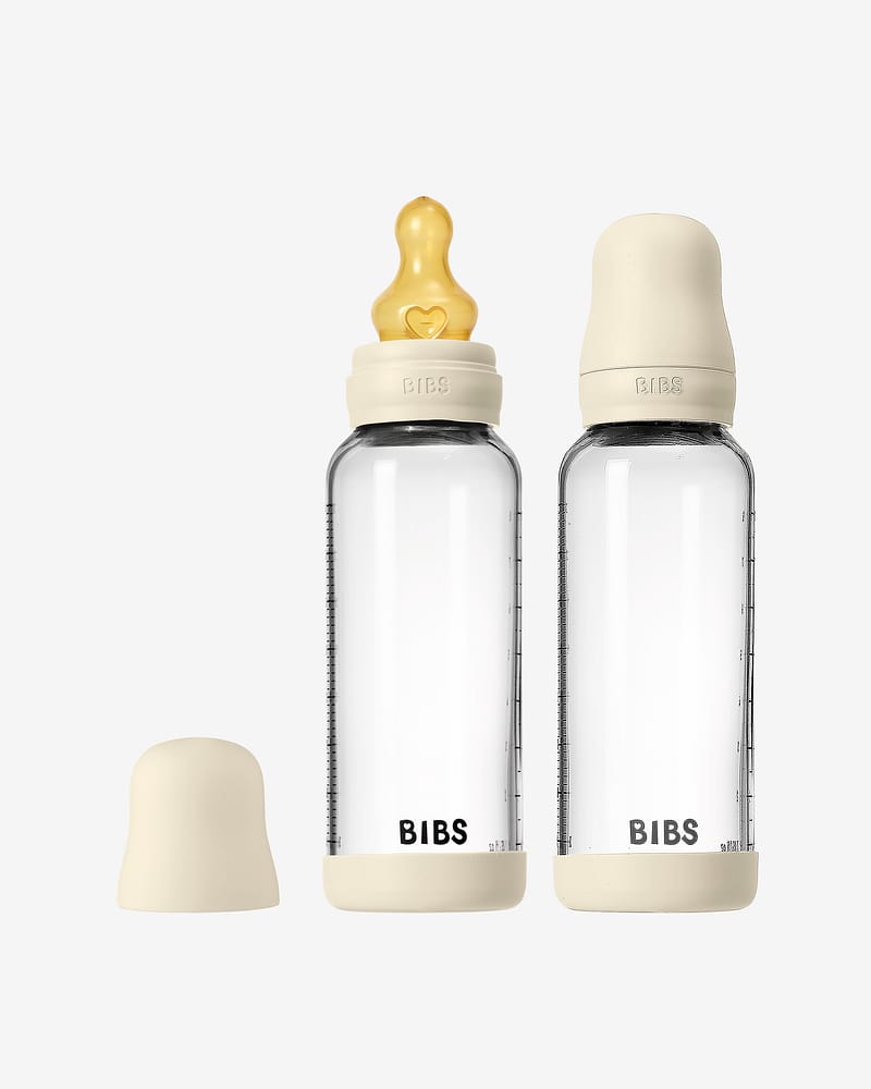 2pk BIBS Glass Tåteflaske, Silikonbunn & Medium Flow Flasketut | Komplett Sett – 240ml
