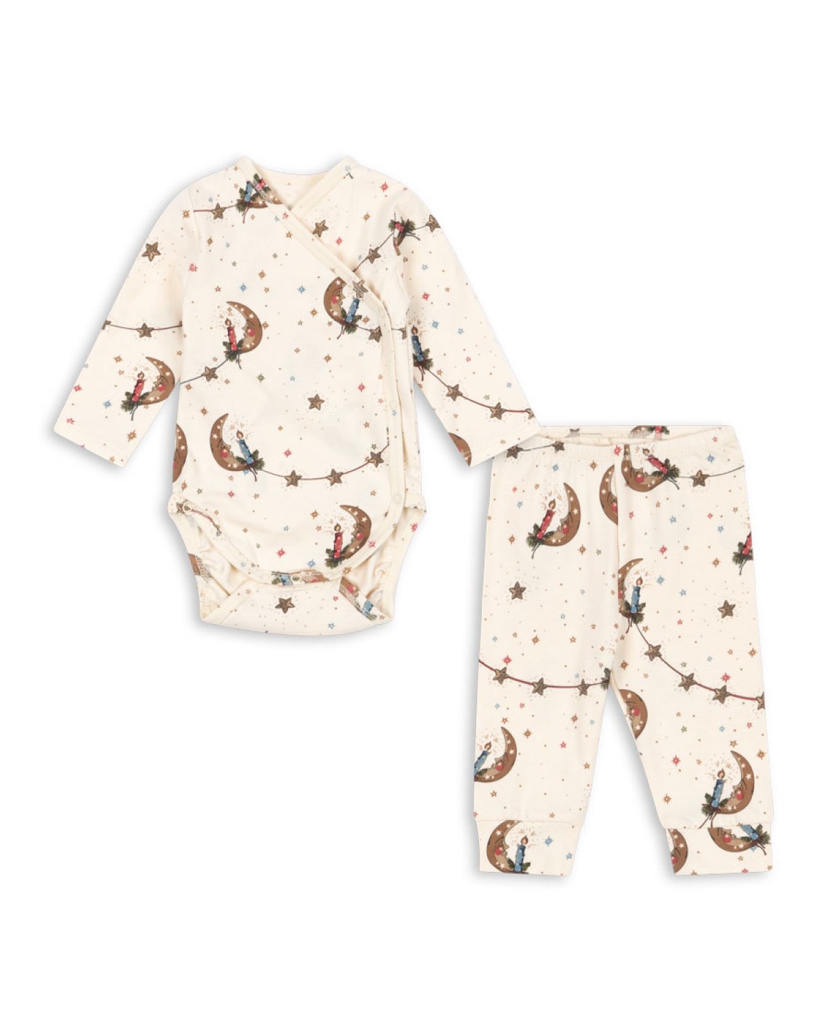 Pysjamas Baby m/ Omslasbogy – Body og Bukse – Øko Bomull | Julepysj Basic Body/Pants Set, Kremhvit m/ Mønster - Luna