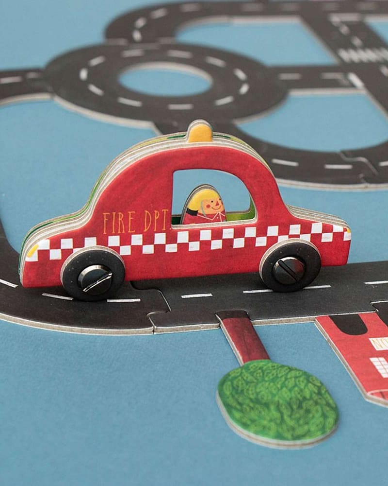 Bilbane og Puslespill 2i1 - 48 Deler + 2x Lekebiler - Barn 4år+ | Roads POCKET