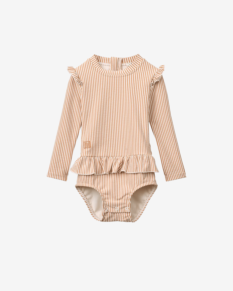 Badedrakt med Armer og Volanger - UV drakt UPF 40+ | Sille Seersucker Swimsuit