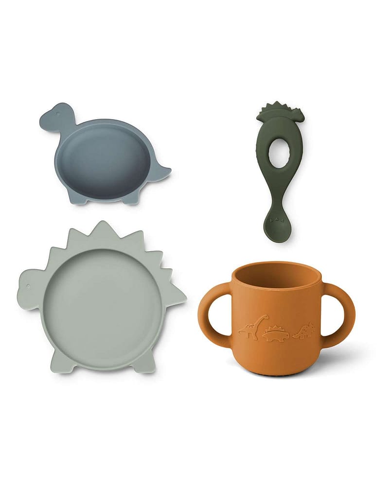 Spisesett i Silikon – 4pk – Vivi, Dino Blue Multi Mix