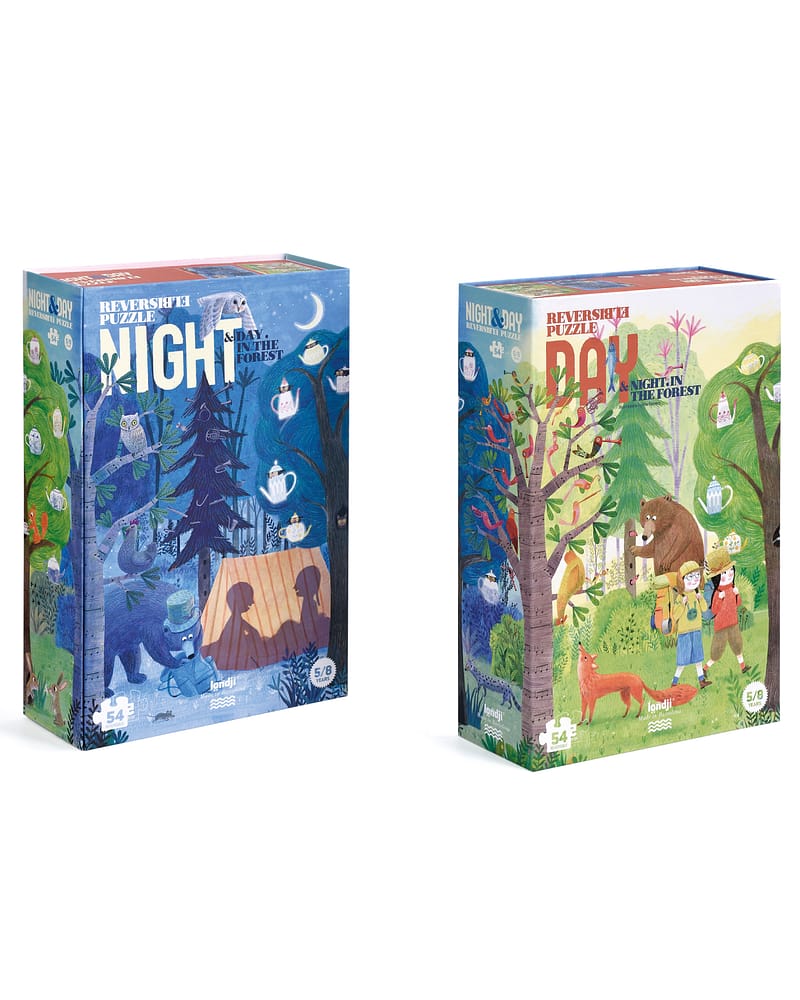 2i1 Puslespill "Natt og Dag i Skogen" - Puslespill Barn 6år+ | Night and Day in the Forest