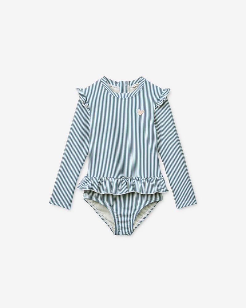 Badedrakt med Armer og Volanger - UV drakt UPF 40+ | Sille Seersucker Swimsuit