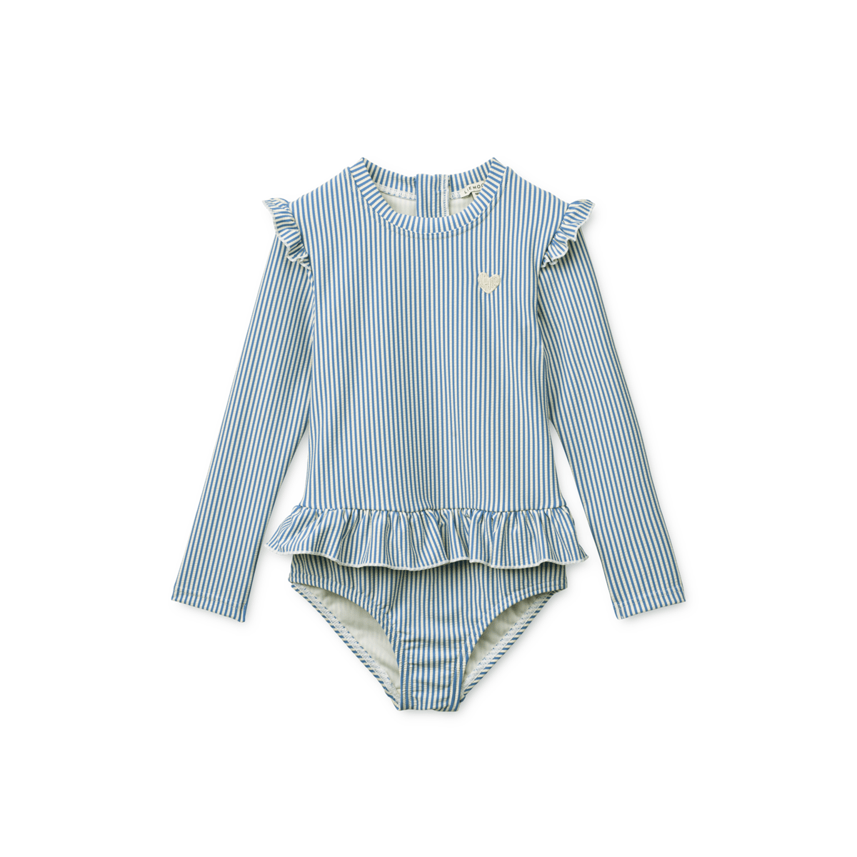Badedrakt med Armer og Volanger – UV drakt UPF 40+ | Sille Seersucker Swimsuit, Riverside / Creme de la creme