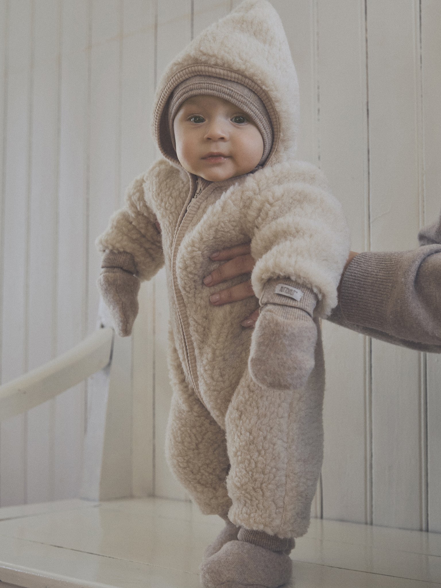 Teddy Ulldress i ullfleece – Varm, 100% Merino | Pram Suit Wool Fleece, Kremhvit - Cement
