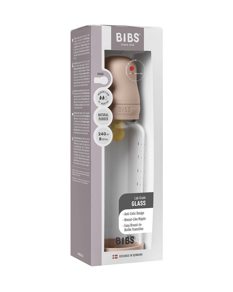 BIBS Tåteflaske i Glass med silikonbunn | Komplett Sett - 240ml