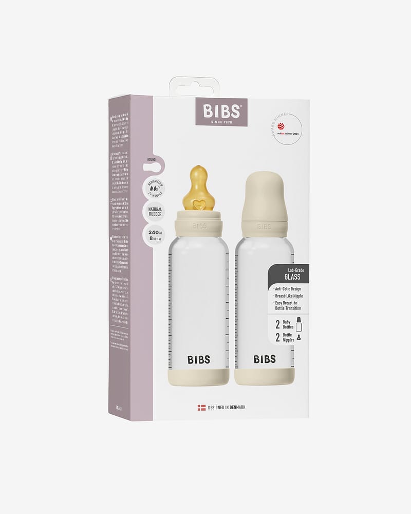 2pk BIBS Glass Tåteflaske, Silikonbunn & Medium Flow Flasketut | Komplett Sett – 240ml