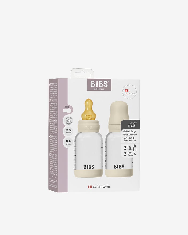 2pk BIBS Tåteflaske i Glass med silikonbunn | Komplett Sett – 120ml