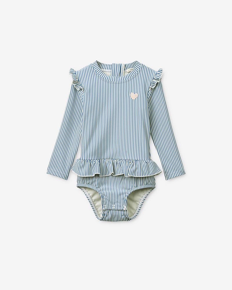 Badedrakt med Armer og Volanger - UV drakt UPF 40+ | Sille Baby Seersucker Swimsuit