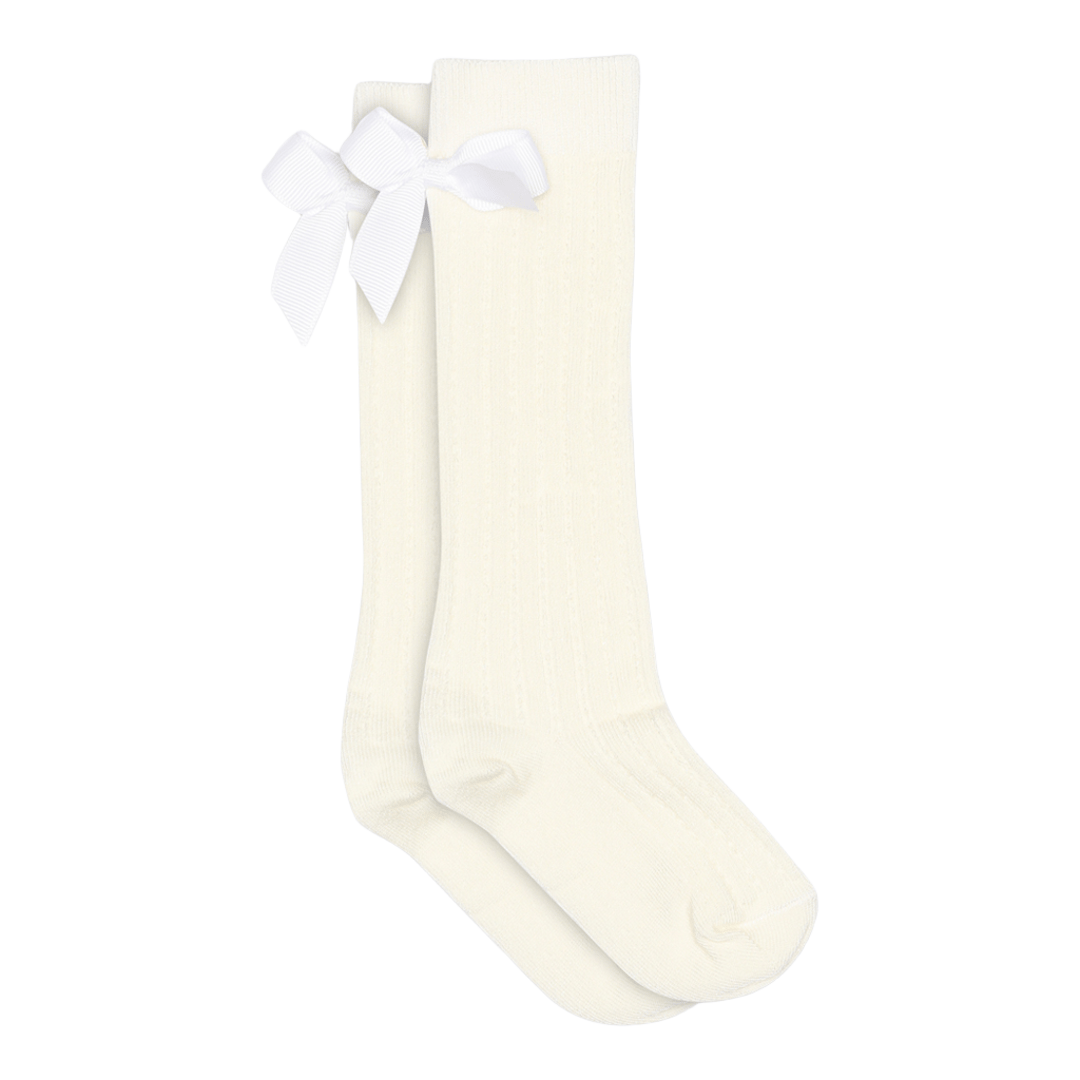 Sokker Baby m/ Sløyfe i Bambus – Knestrømpe 3/4-lengde, Liva Knee Socks Bow, Kremhvit - Snow White
