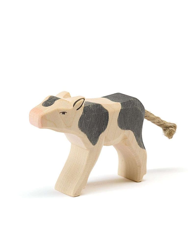 Ku - Håndlaget Trefigur | Bondegård Leke, Kalv - Svart og Hvit