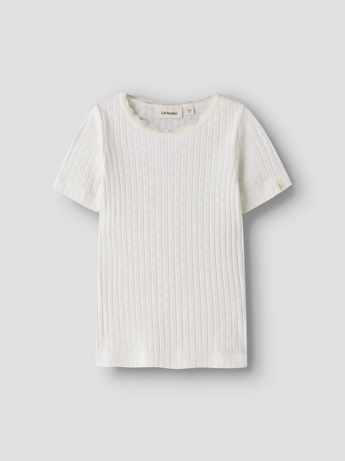 T-Skjorte Barn – Øko Bomull, Pointelle | NMFHALDIS SS SLIM TOP LIL, Kremhvit - Coconut Milk