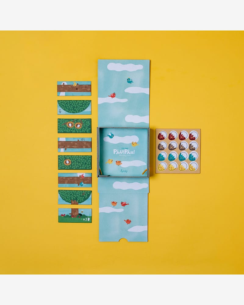 Brettspill Barn 4år+, Pocket size - Lagspill "Bygg trær og hjelp små kyllinger ut i verden" | Piu Piu Tiny Game
