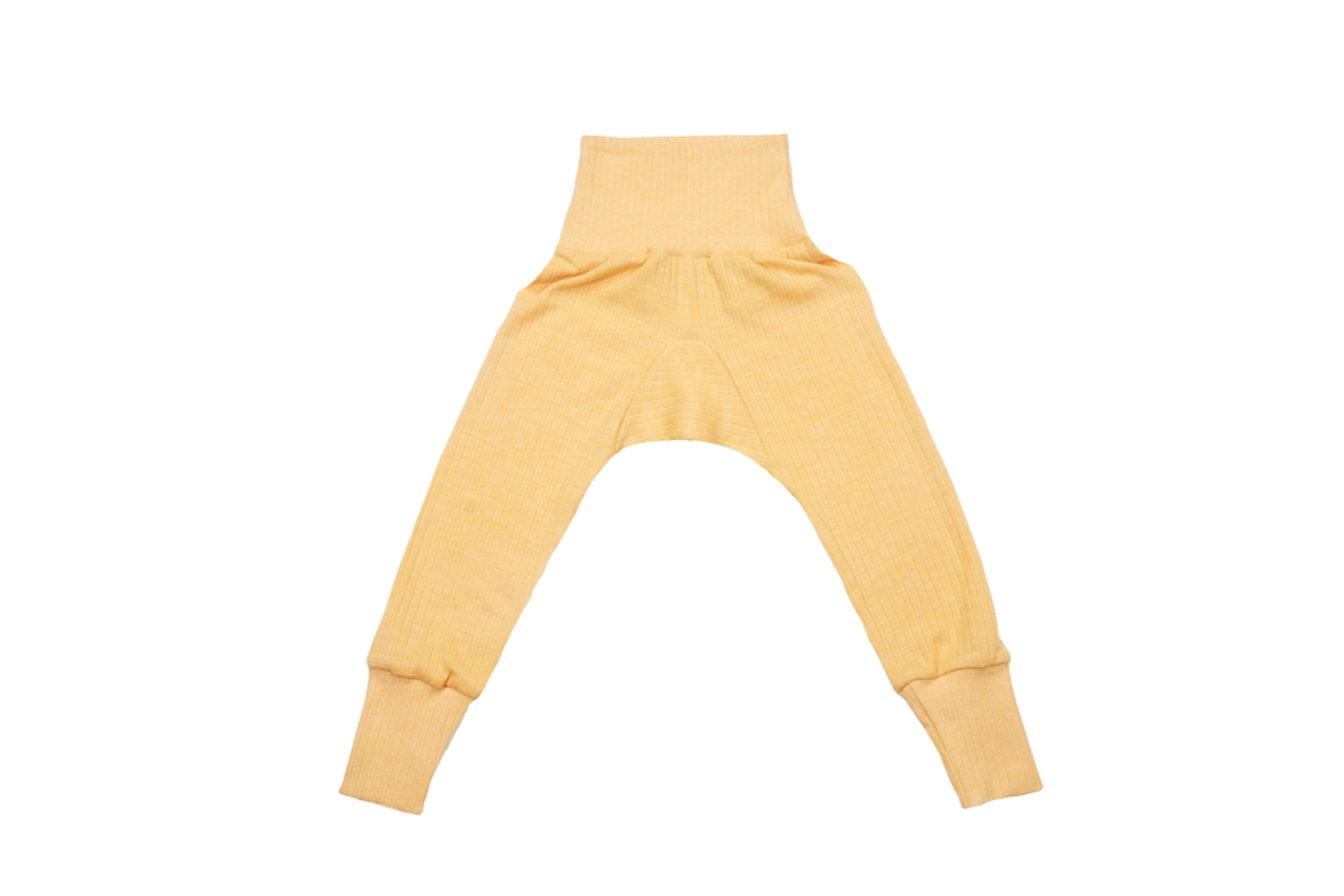 Bukse Rib m/ høyt liv – 45% Bomull, 35% Merino, 20% Silke – Ubehandlet Ull, Gul