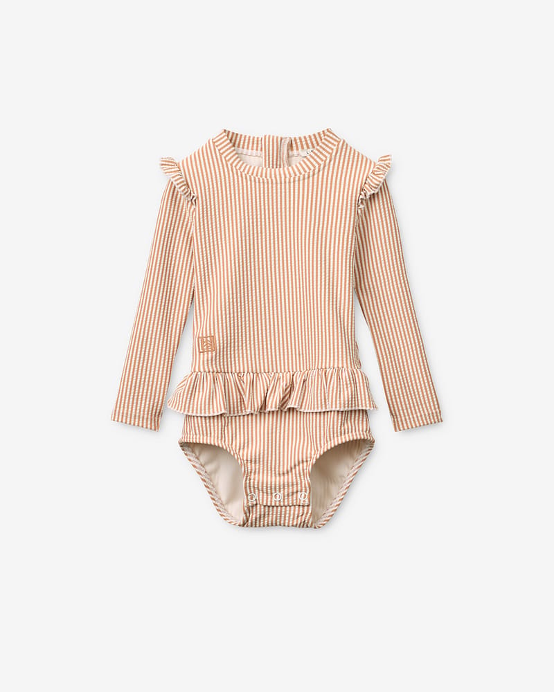 Badedrakt med Armer og Volanger - UV drakt UPF 40+ | Sille Baby Seersucker Swimsuit
