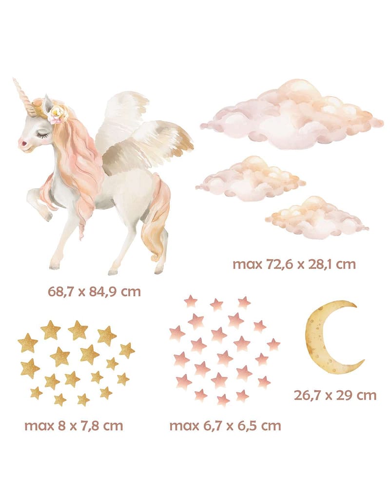 Wallstickers Enhjørning - Sett 44stk | ØKO Veggklistremerker Barnerom