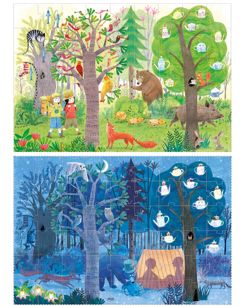 2i1 Puslespill "Natt og Dag i Skogen" - Puslespill Barn 6år+ | Night and Day in the Forest