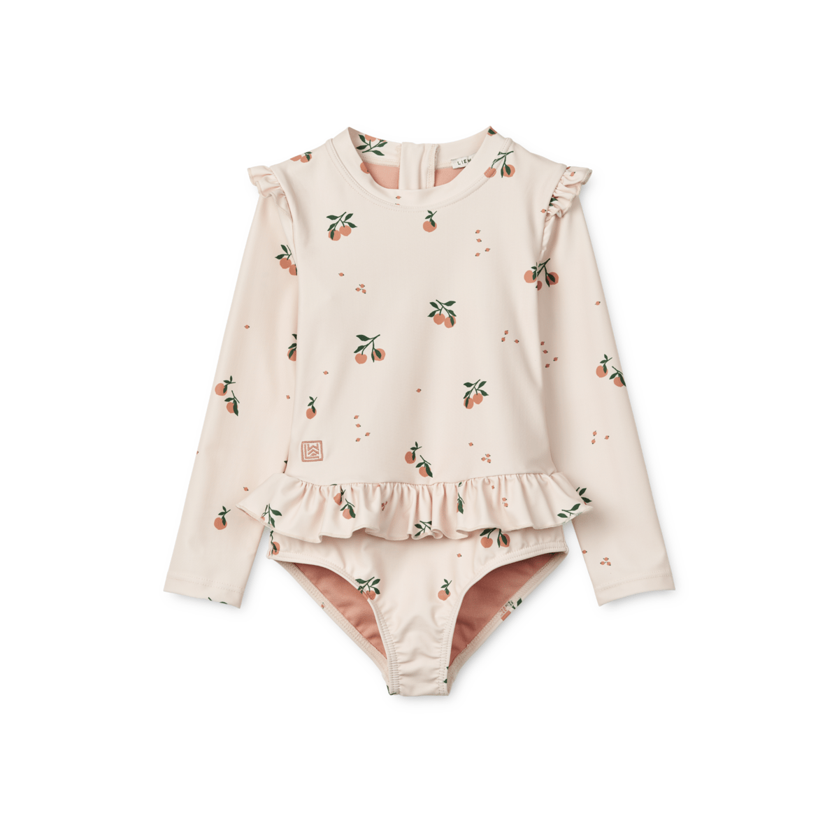 Badedrakt med Armer og Volanger – UV drakt UPF 40+ | Sille Printed Swimsuit, Peach / Sea shell