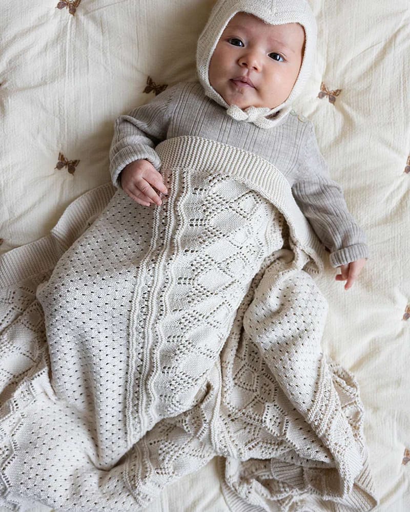 Babyteppe - 80x100 - Strikket Øko Bomull | Pointelle Baby Knit Throw