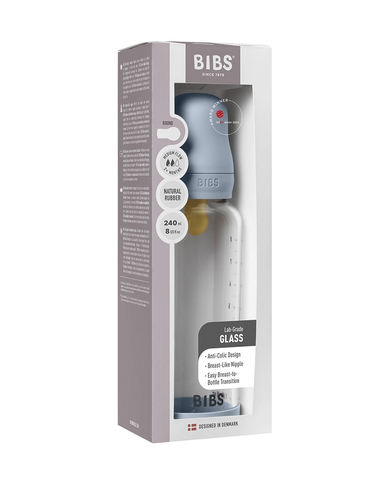 BIBS Tåteflaske i Glass med silikonbunn | Komplett Sett - 240ml