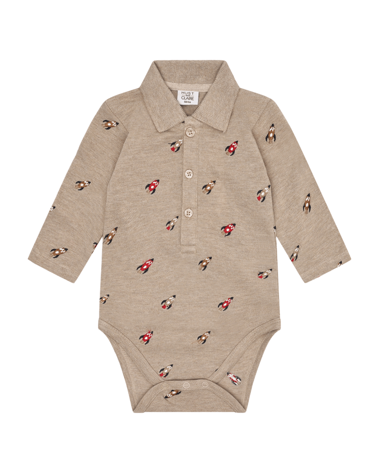 Body m/ Polorage og Knappestolpe – Vevd Øko Bomull | Bendy Rocket Embroidery, Beige - Biscuit