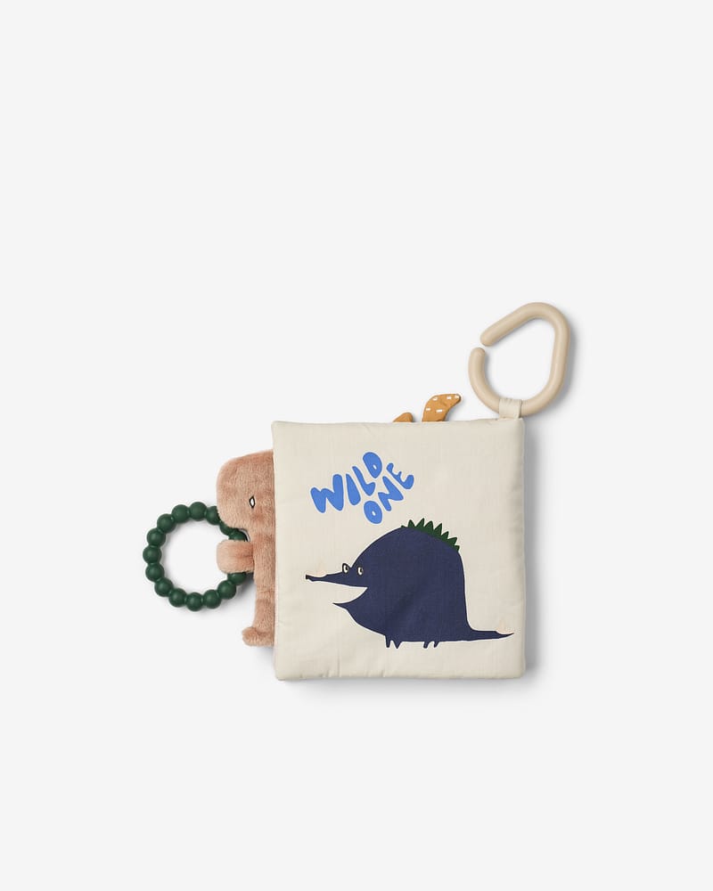 Babybok i stoff m/ speil og bitering | Fey Soft Book Dino Roar