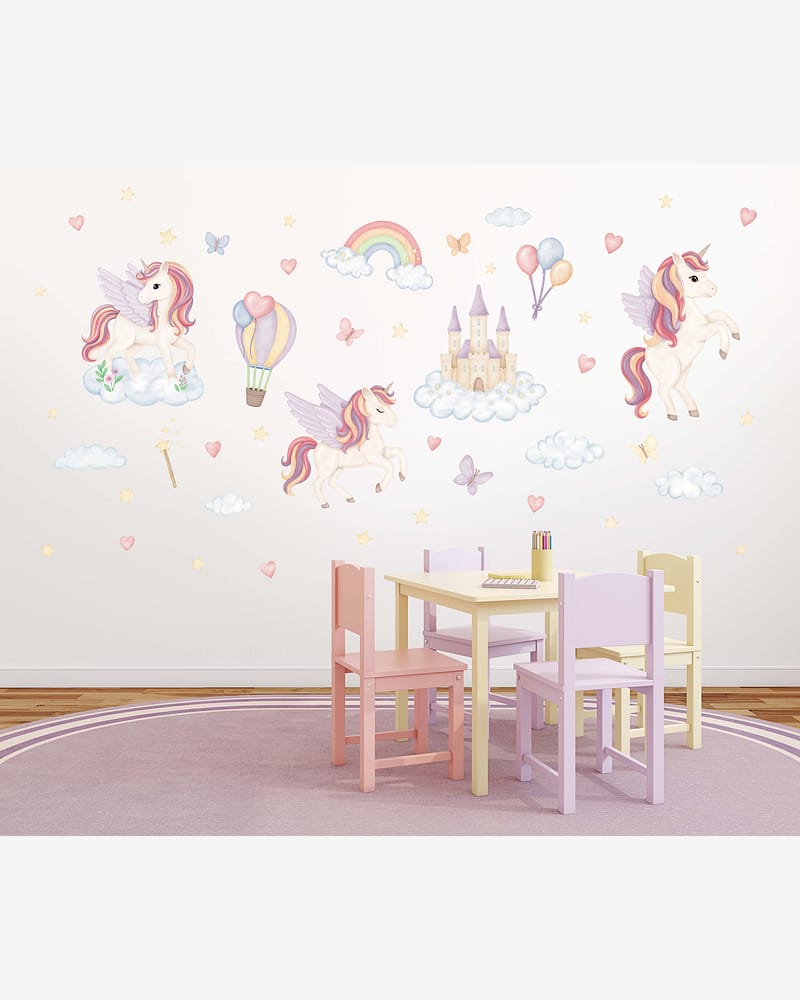 Wallstickers Enhjørning, Regnbue, Slott - Sett 50stk | ØKO Veggklistremerker Barnerom, MD00818