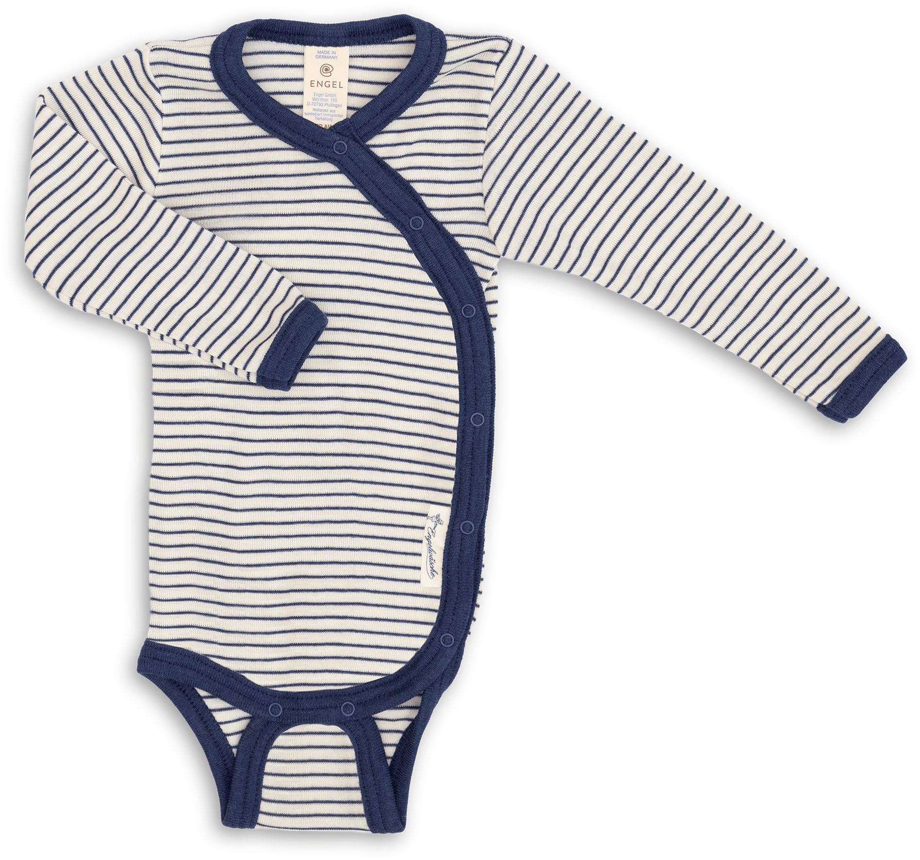 Omslagsbody – 70% Merino, 30% Silke – Ubehandlet Ull, Natural/Navy Blue
