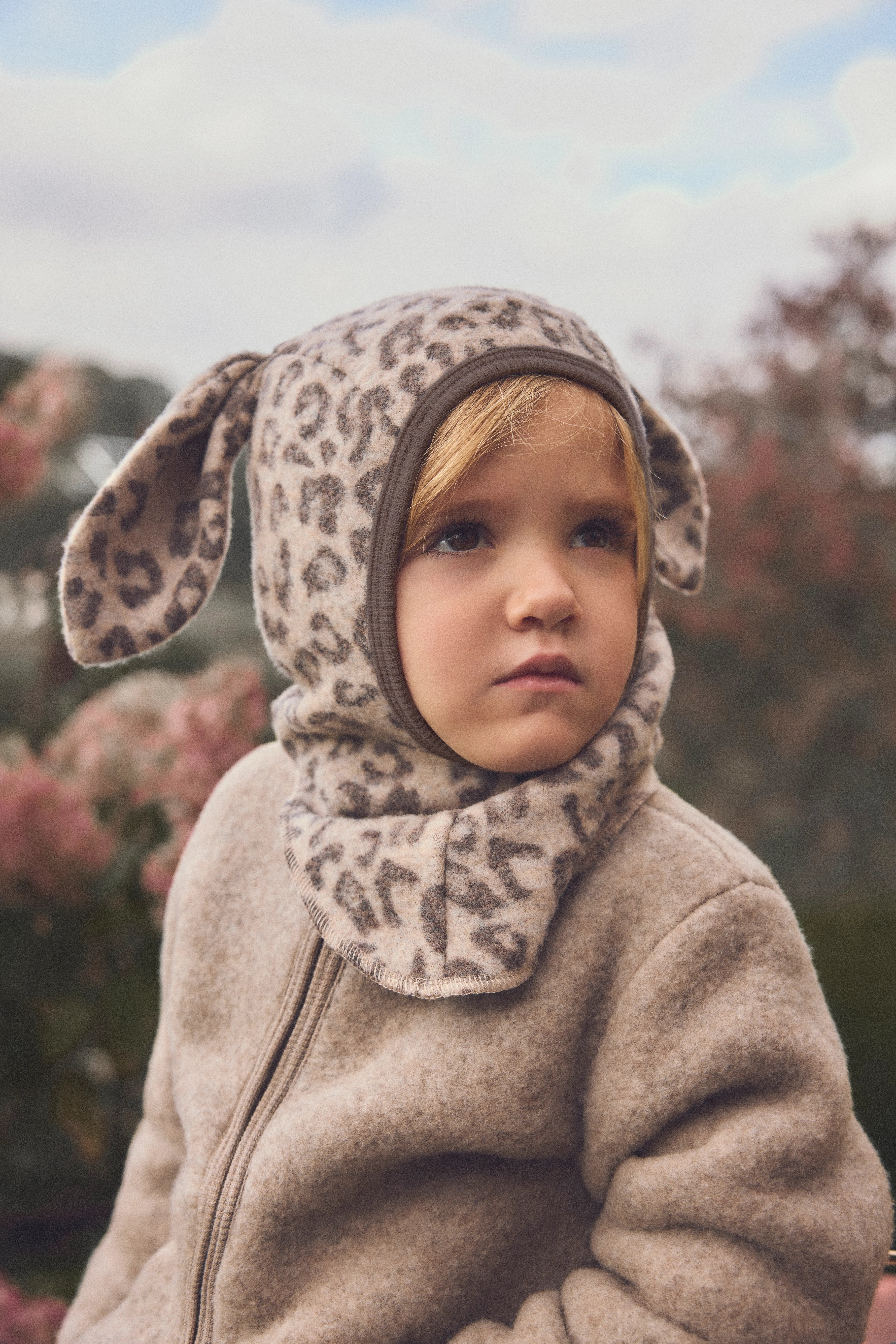 Balaclava i Ullfleece – Varm, 100% Merino | Balaclava Ears Wool Fleece Jacquard, Camel Melange - Leo