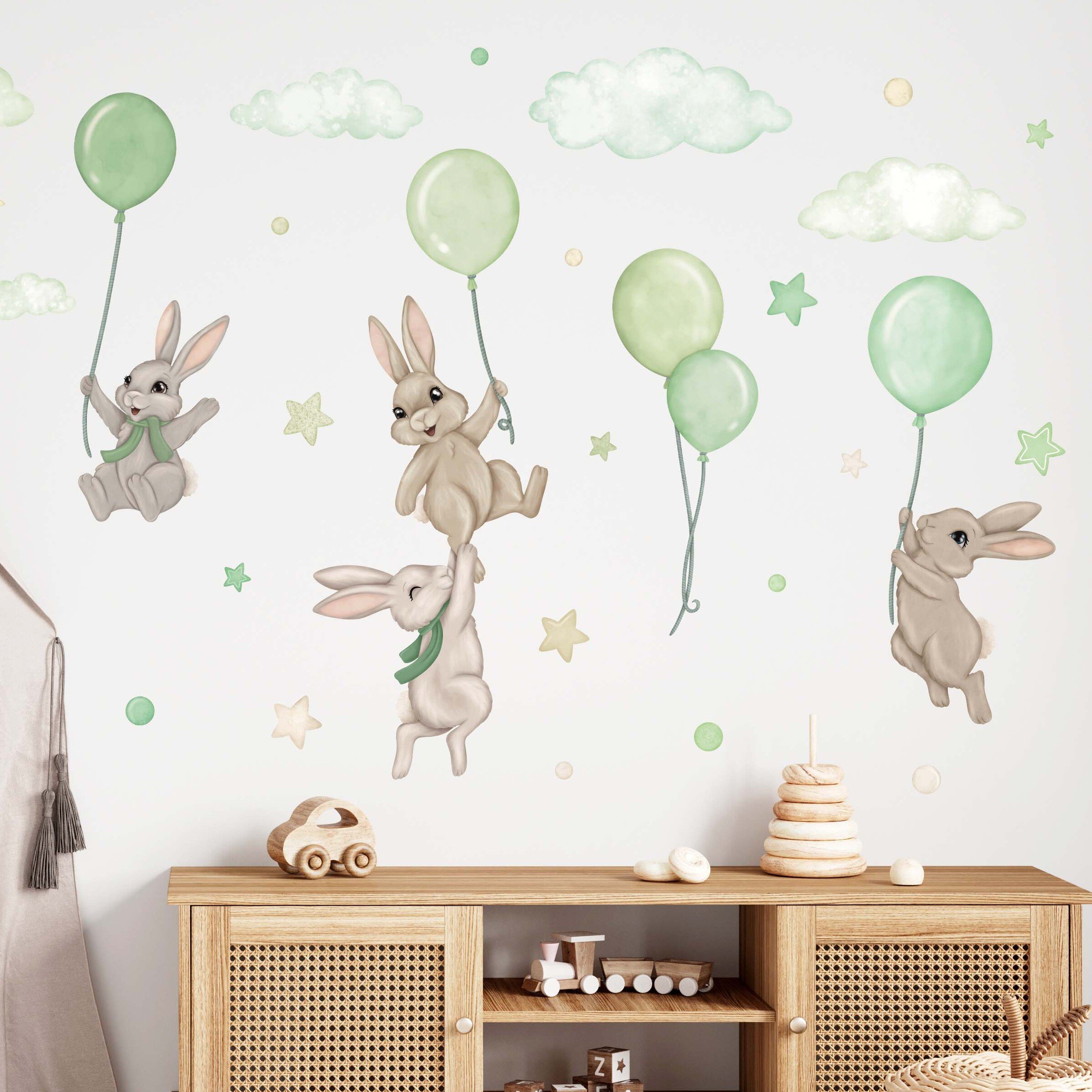 Wallstickers Kaniner med Ballonger – ØKO Veggklistremerker Barnerom | 30pk, MD00623, Grønn