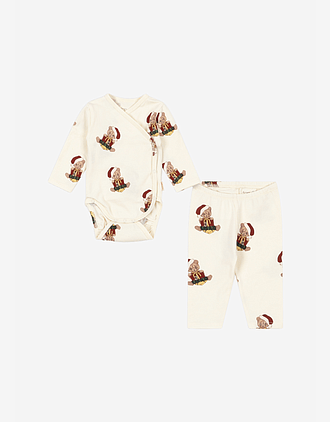 Pysjamas Baby m/ Omslasbogy - Body og Bukse - Øko Bomull | Julepysj Basic Body/Pants Set