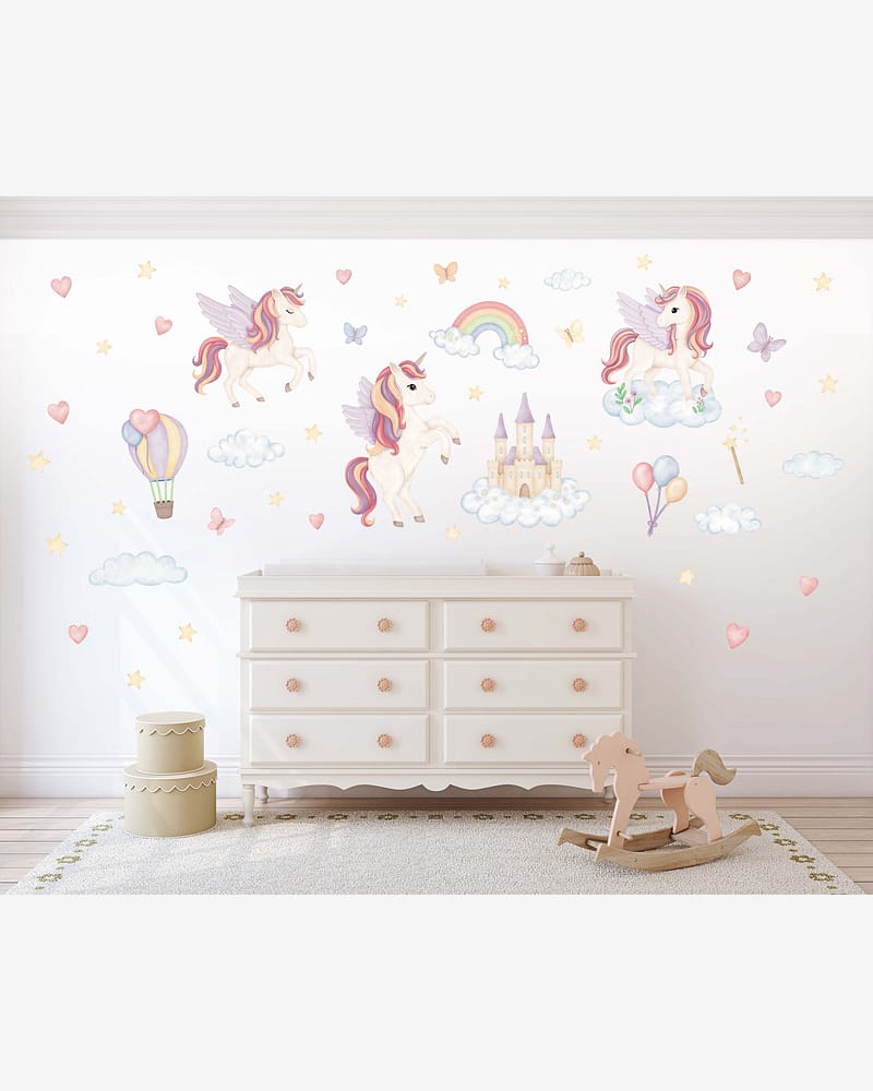 Wallstickers Enhjørning, Regnbue, Slott - Sett 50stk | ØKO Veggklistremerker Barnerom, MD00818