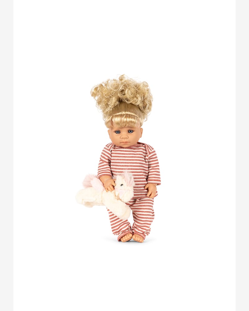 Dukke med krøllete hår og enhjørning-kosedyr - Fast Kropp, 42 cm | Noemi Unicorn Doll