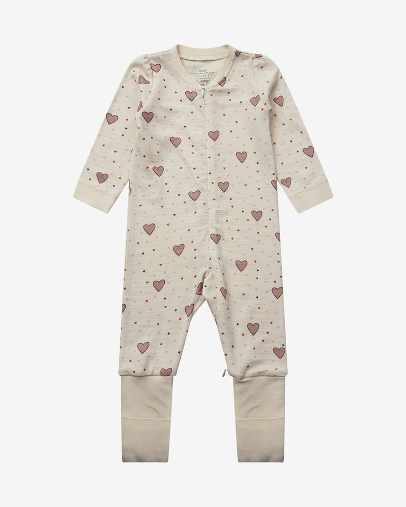 Ullpysj Baby - Heldrakt to-veis glidelås og trylleføtter - Ull/Bambusviskose | HCManu Hearts Puff