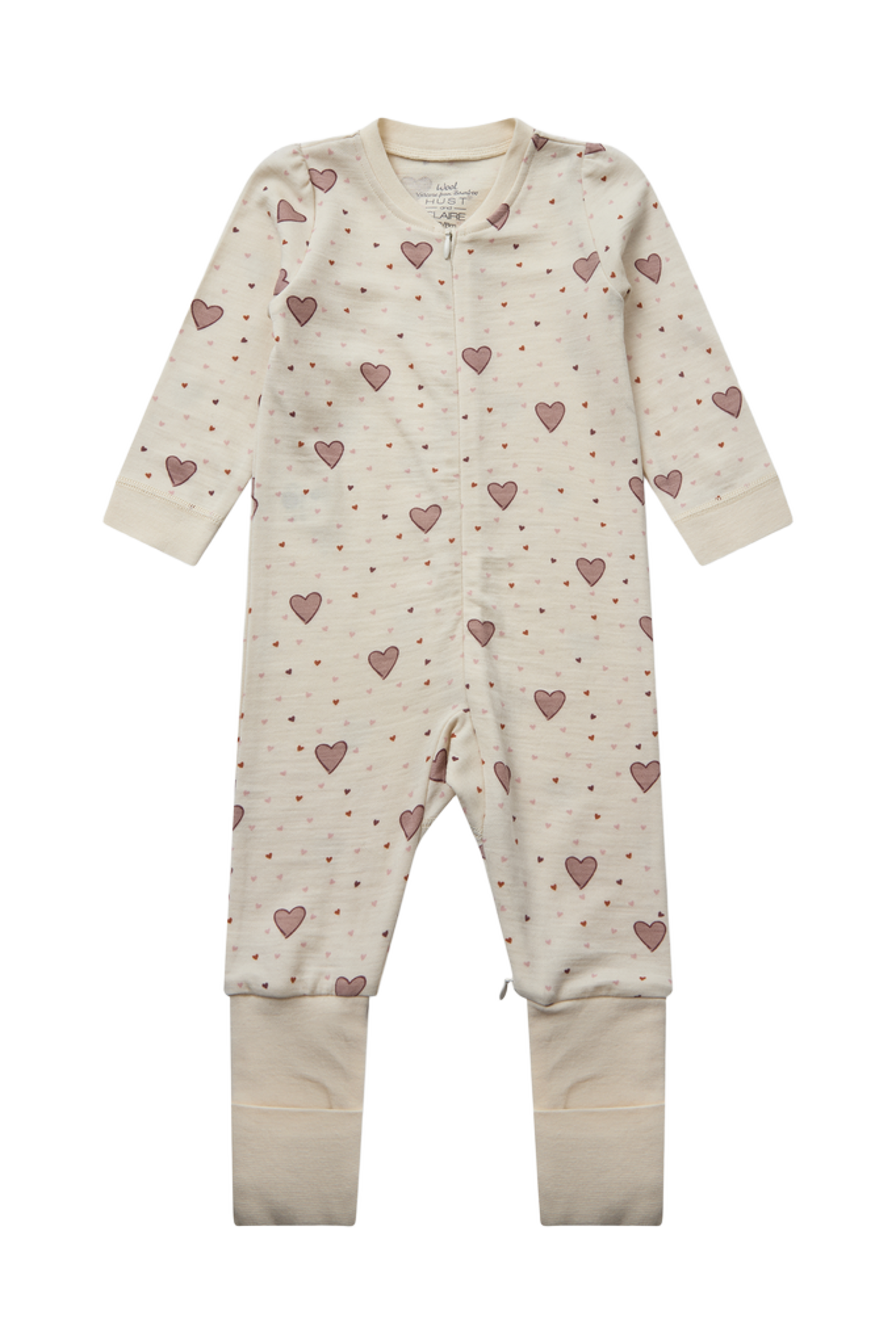 Ullpysj Baby – Heldrakt to-veis glidelås og trylleføtter – Ull/Bambusviskose | HCManu Hearts Puff, Off white