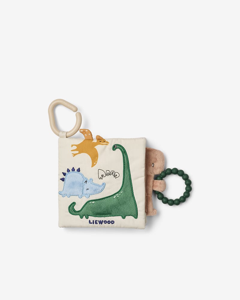 Babybok i stoff m/ speil og bitering | Fey Soft Book Dino Roar