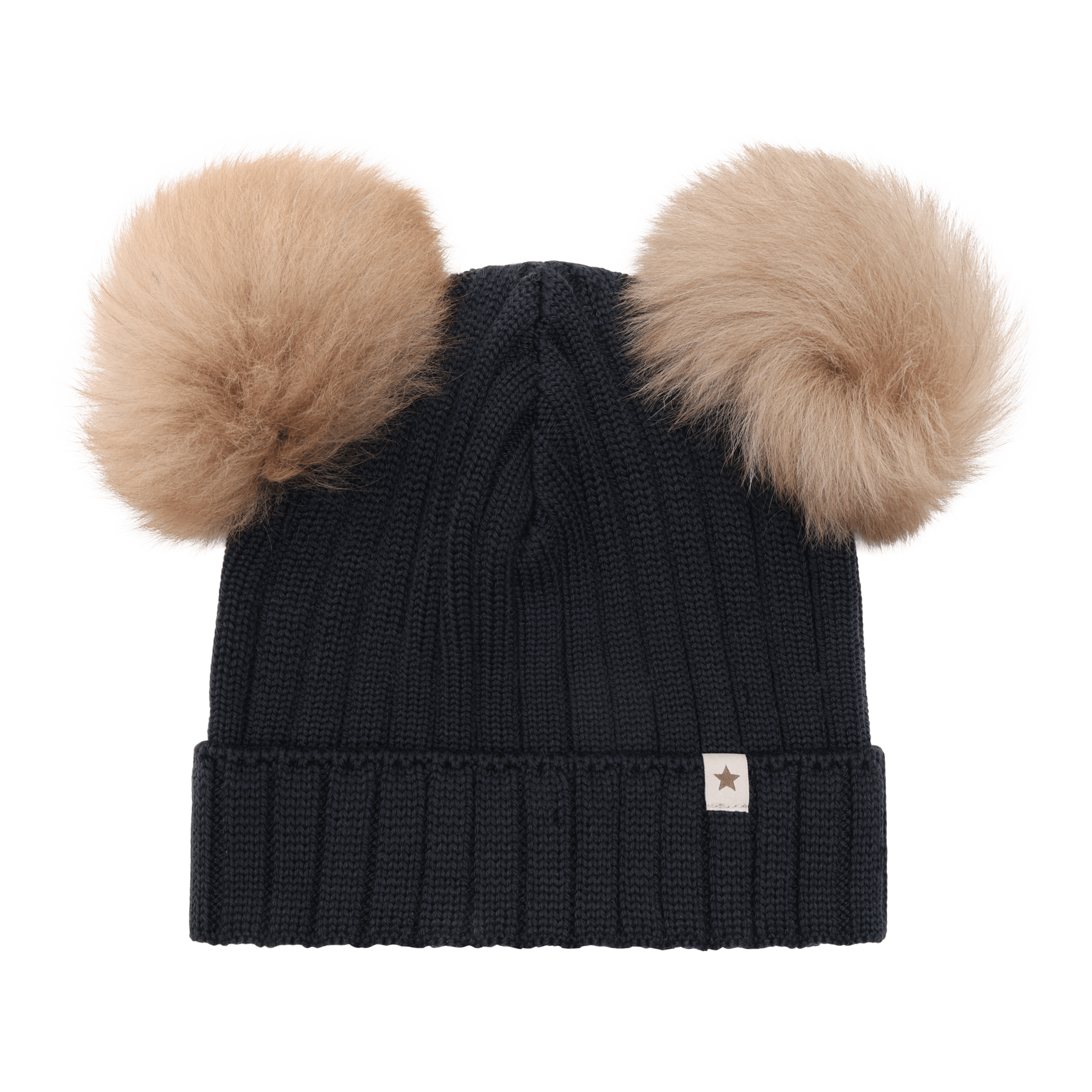 Lue med to Alpakkadusker – 100% Merinoull | Hat Knit Alpaca Pompoms, Mørkeblå - Dark Navy