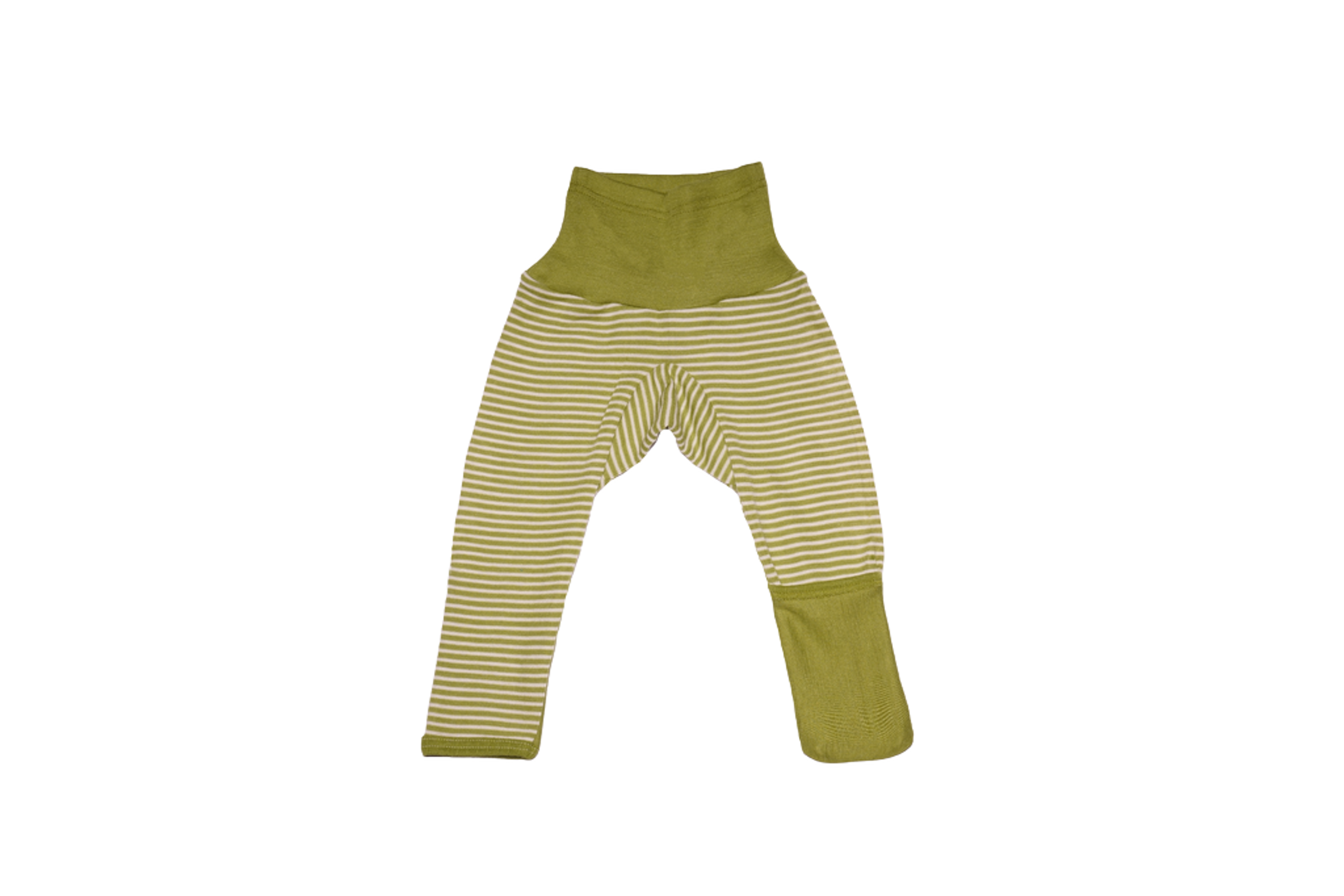 Ullbukse m/ dobbelt liv & trylleføtter – 70% Merino, 30% Silke – Ubehandlet Ull, Grønn Striper