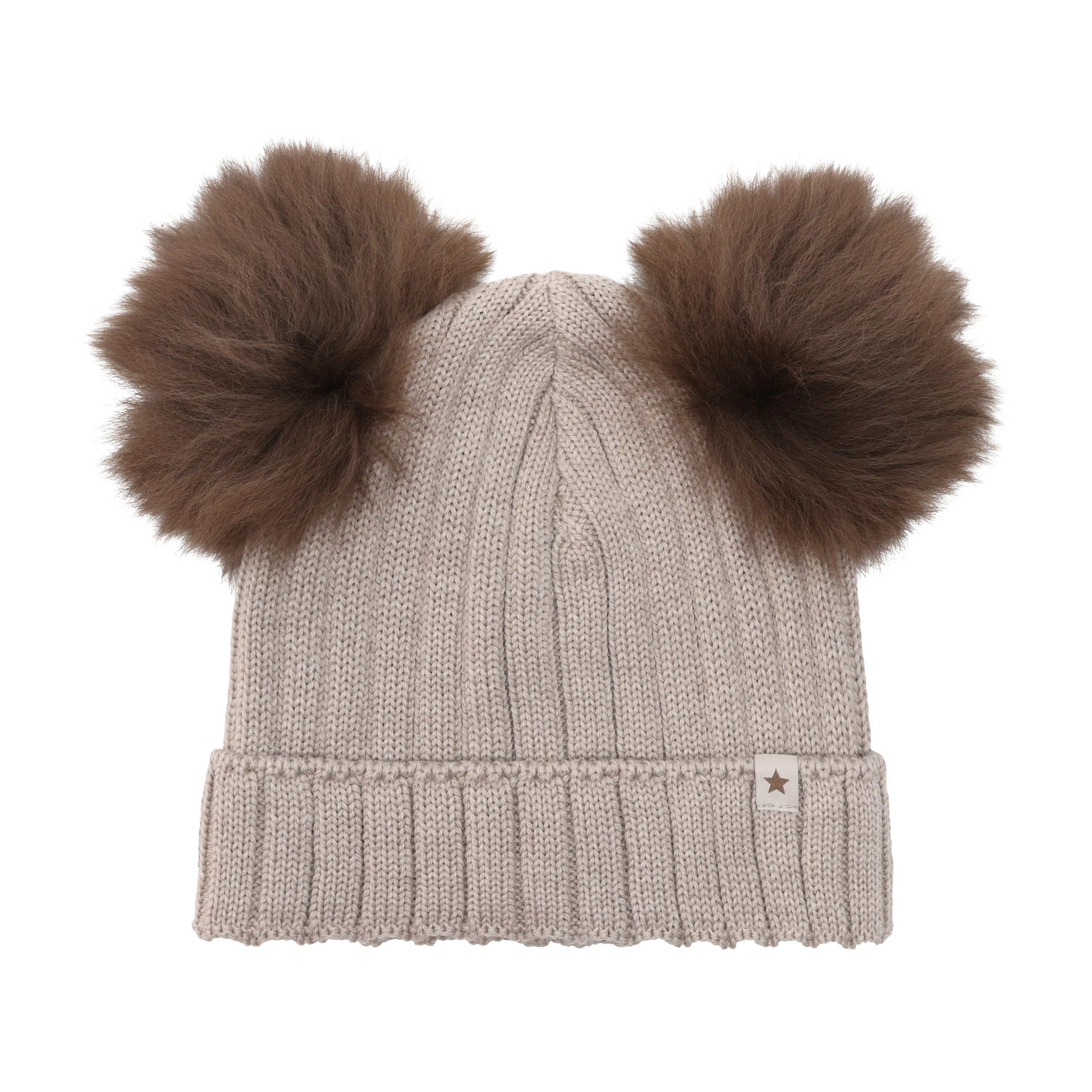 Lue med to Alpakkadusker – 100% Merinoull | Hat Knit Alpaca Pompoms, Camel Melange