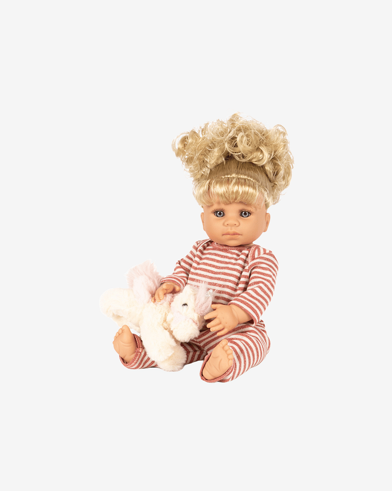 Dukke med krøllete hår og enhjørning-kosedyr - Fast Kropp, 42 cm | Noemi Unicorn Doll