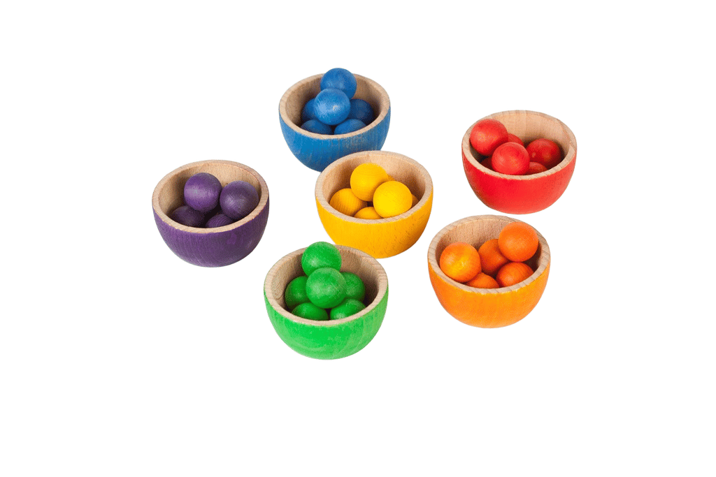 Sorteringsleke – Skåler, Klinkekuler og Pinsett – 43stk | Bowls & Marbles, Regnbuens Farger