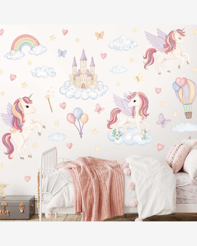 Wallstickers Enhjørning, Regnbue, Slott - Sett 50stk | ØKO Veggklistremerker Barnerom, MD00818