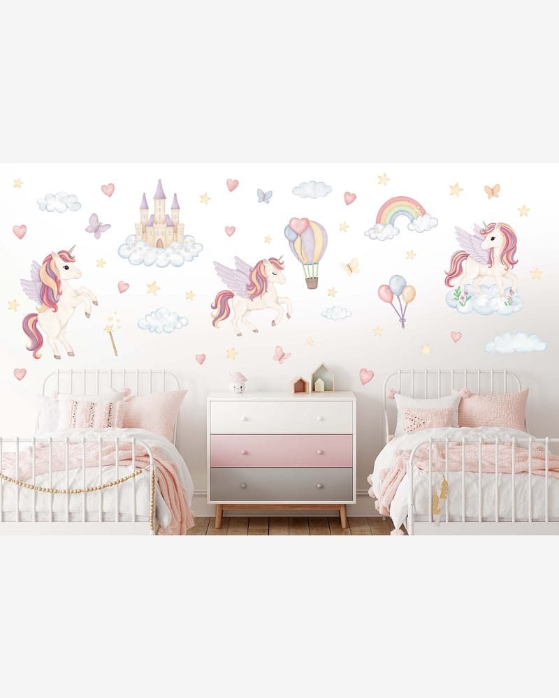 Wallstickers Enhjørning, Regnbue, Slott - Sett 50stk | ØKO Veggklistremerker Barnerom, MD00818