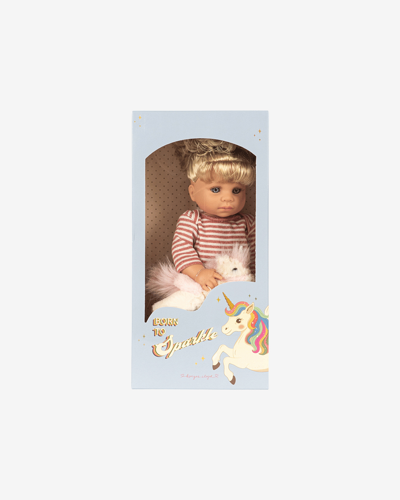 Dukke med krøllete hår og enhjørning-kosedyr - Fast Kropp, 42 cm | Noemi Unicorn Doll