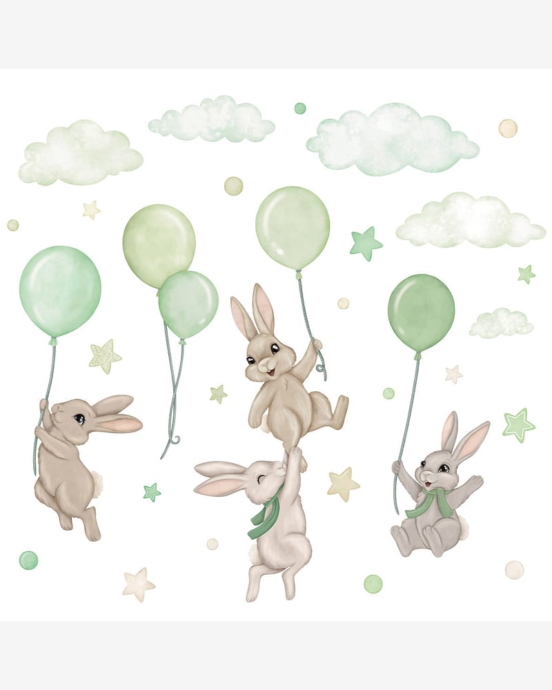 Wallstickers Kaniner med Ballonger - ØKO Veggklistremerker Barnerom | 30pk, MD00623